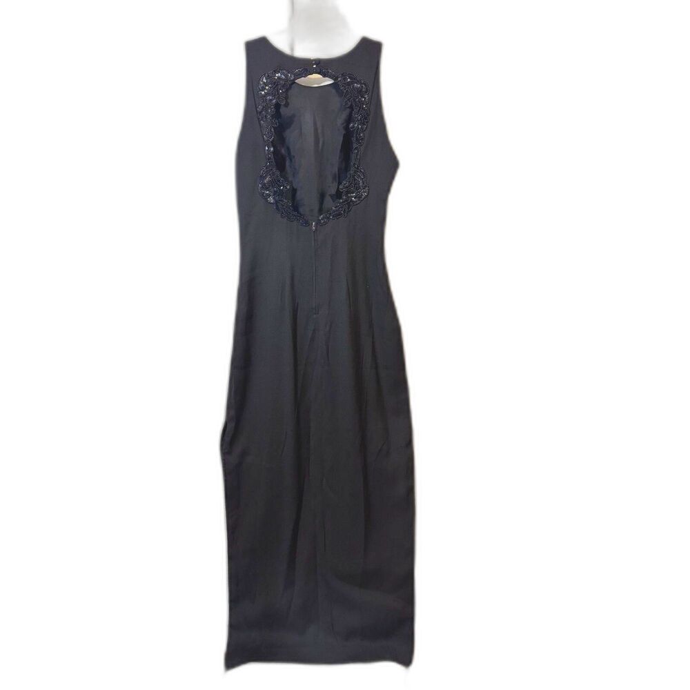 *VINTAGE* CLIMAX '92 Black Sleeveless Sequined Cut Out Back Side Slit Dress sz14